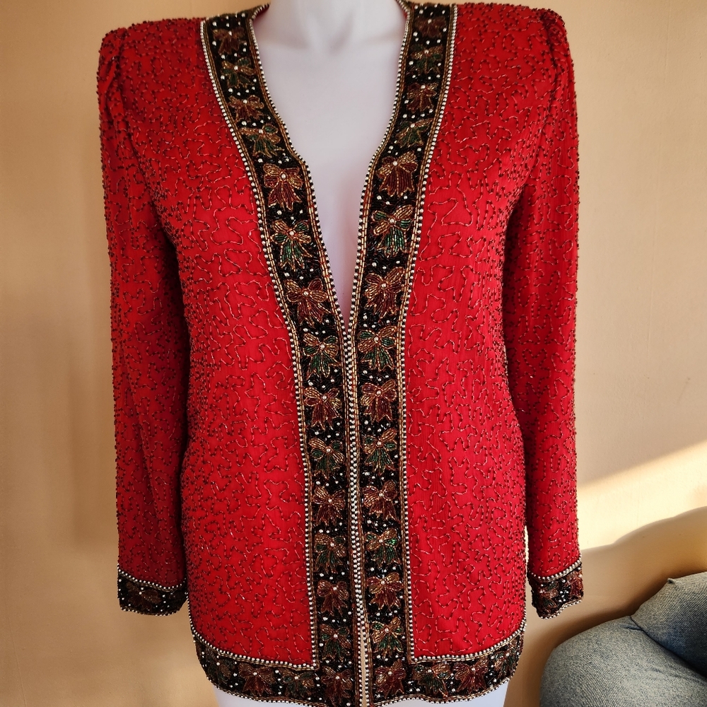 Laurence Kazar Red Silk Beaded Holiday Evening Jacket Size L
